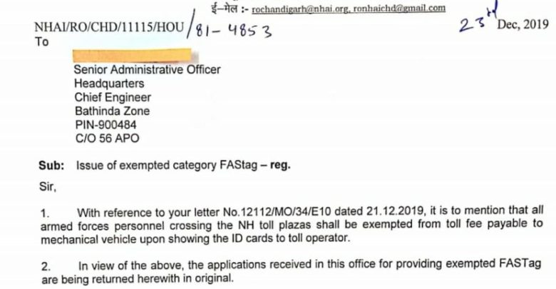 NHAI exempted Army vehicles from using FASTag