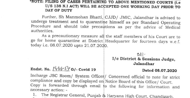 Covid hits judiciary in Punjab; judges tested positive